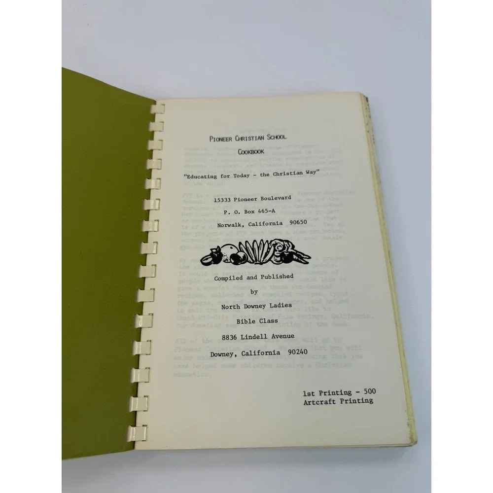 Local Cookbook Pioneer Christian School Downey California Vintage Recipes